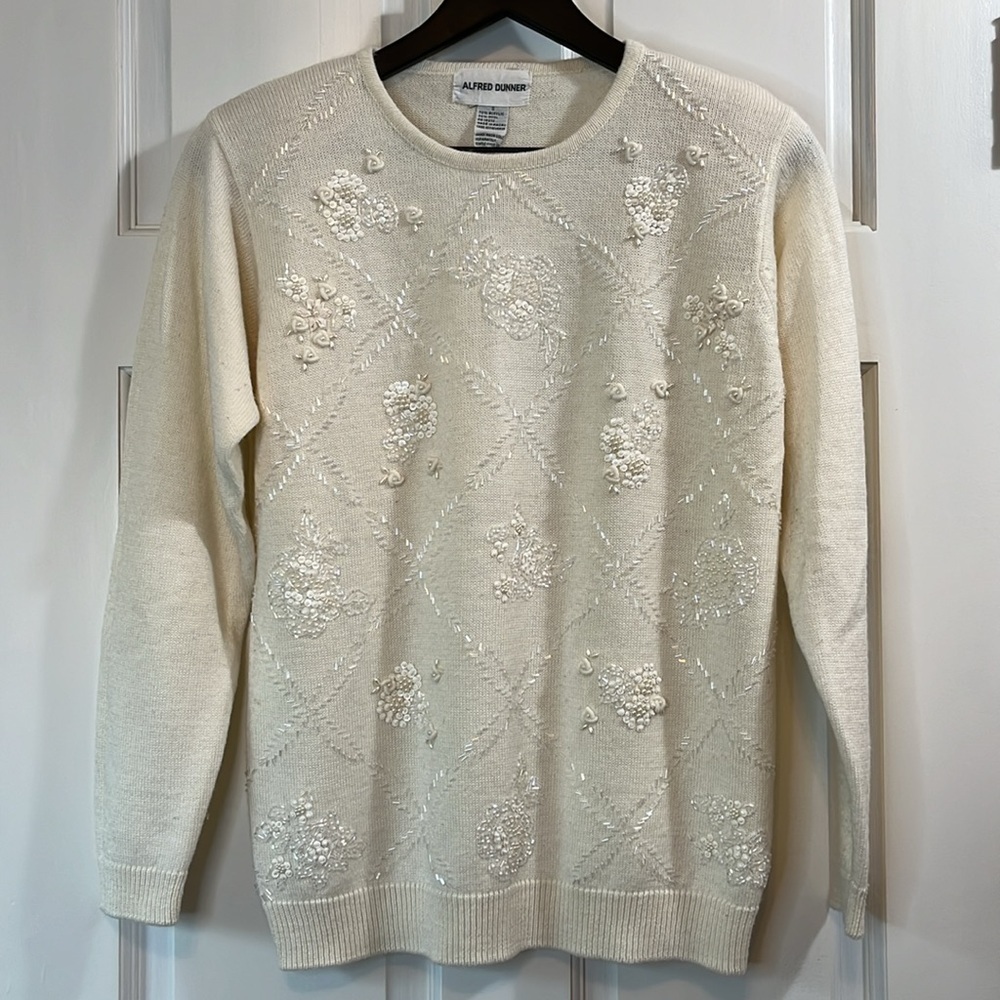 Vintage Alfred Dunner Wool Blend Beaded & Embroidered Sweater - Size Small